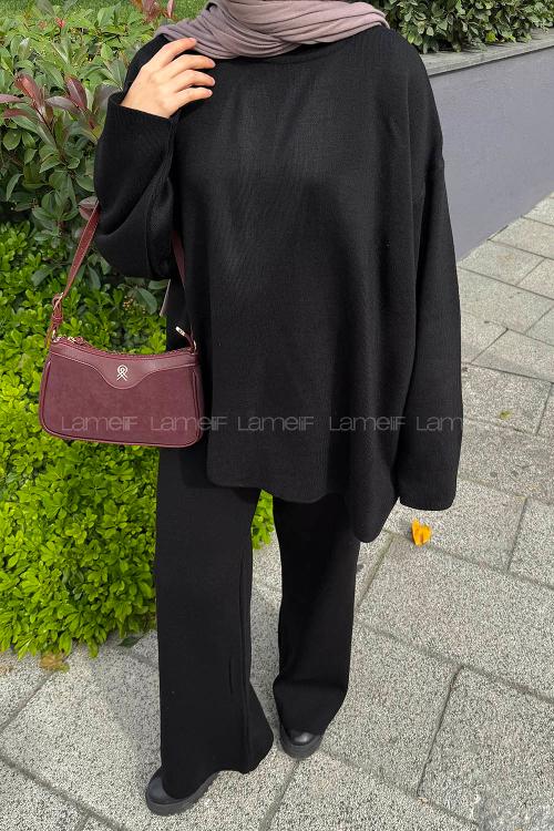 Lamelif Asimetrik Bisiklet Yaka Triko Takım Siyah