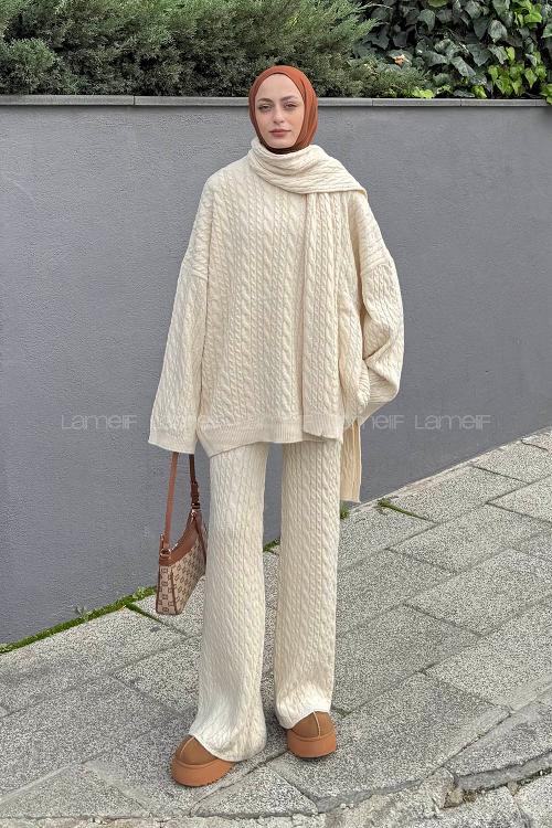 Lamelif Atkılı Örgü Desen İkili Takım Taş Rengi