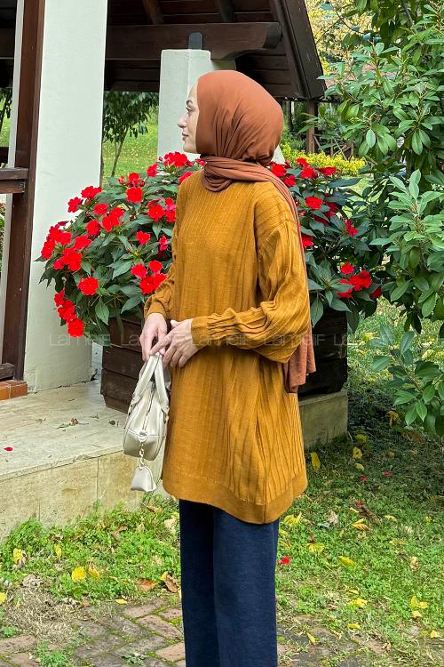 Lamelif Çizgili Triko Kazak Camel