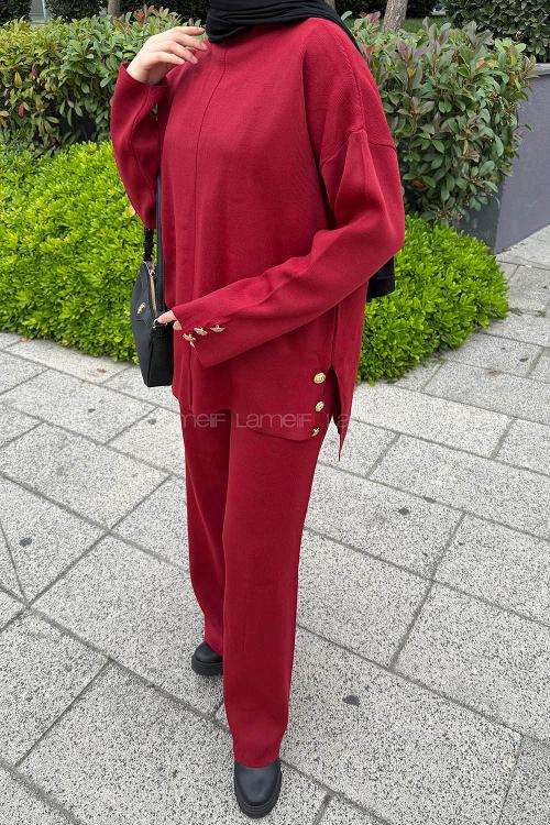 Lamelif Düğme Detaylı Triko Takım Bordo