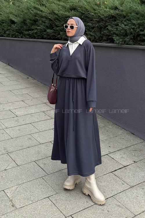 Lamelif Garni Yaka Etekli Takım Antrasit