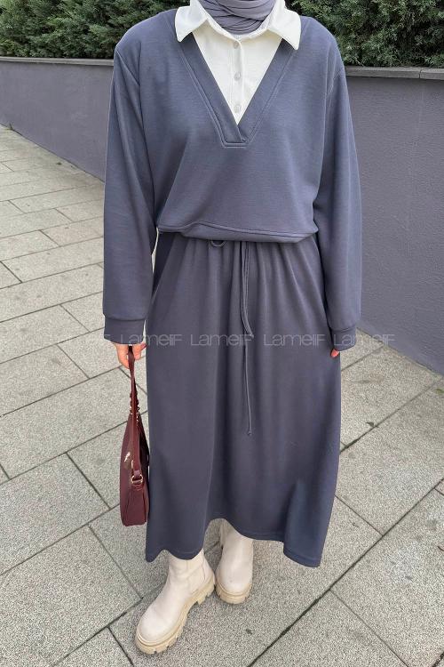 Lamelif Garni Yaka Etekli Takım Antrasit