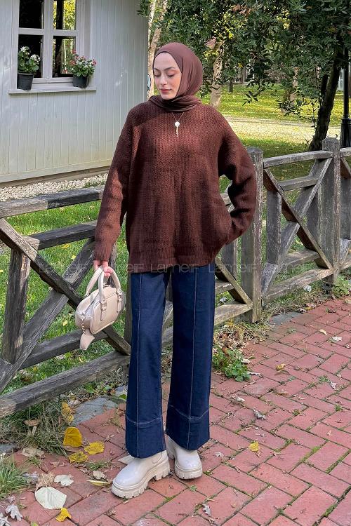 Lamelif İnce Örgülü Kazak Acı Kahve