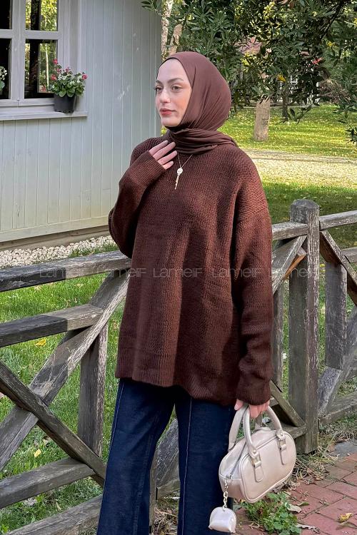 Lamelif İnce Örgülü Kazak Acı Kahve