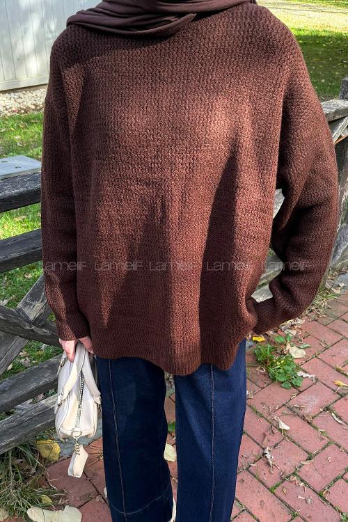 Lamelif İnce Örgülü Kazak Acı Kahve