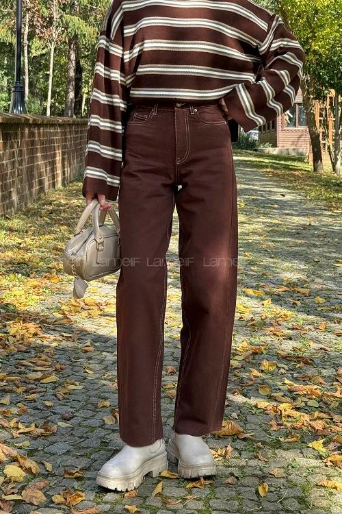 Lamelif Kesik Paça Boyfriend Jean Acı Kahve