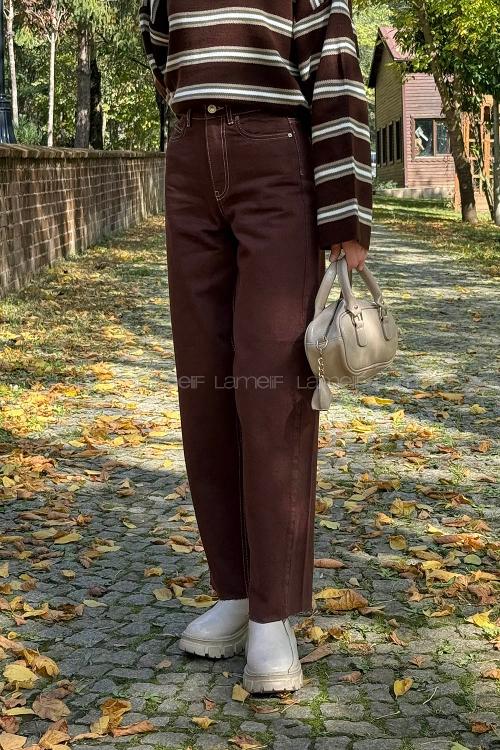 Lamelif Kesik Paça Boyfriend Jean Acı Kahve