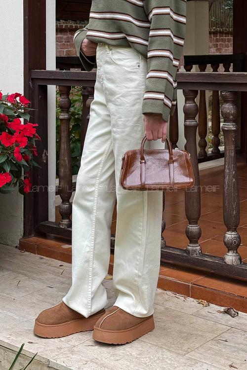 Lamelif Kesik Paça Fit Jean Krem