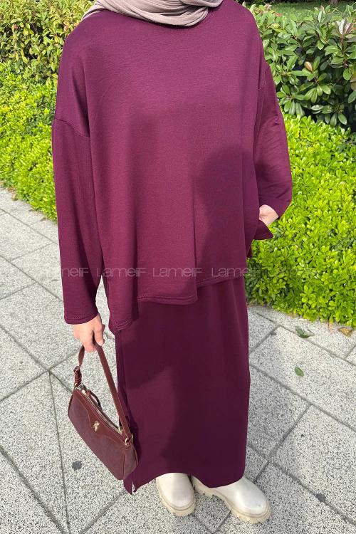 Lamelif Kristal Etekli Tesettür Takım Mürdüm