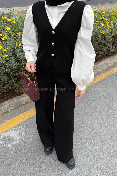 Lamelif V Yaka Yelekl Takım Siyah