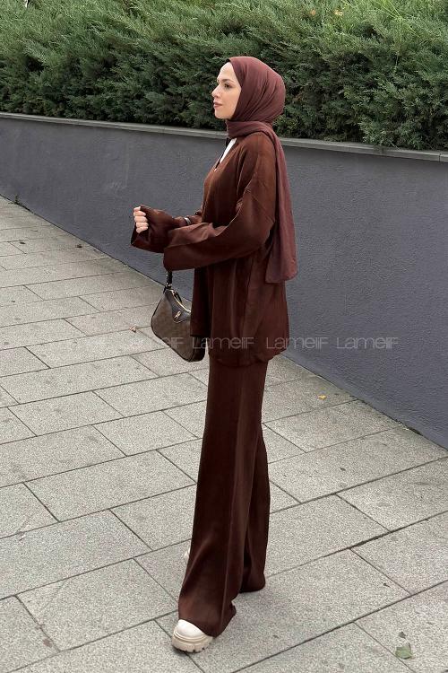 Lamelif Yaka Detay İkili Tesettür Takım Acı Kahve