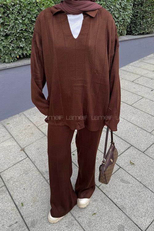 Lamelif Yaka Detay İkili Tesettür Takım Acı Kahve