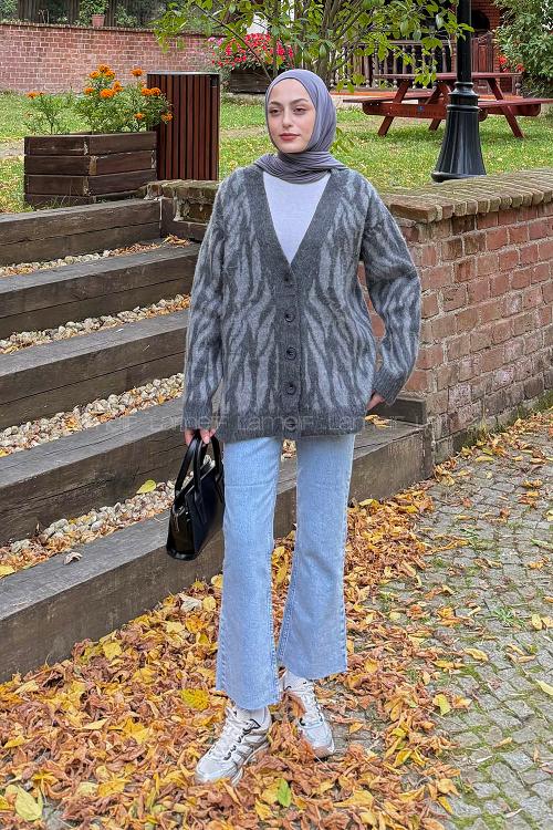 Lamelif Zebra Desen Hırka Gri