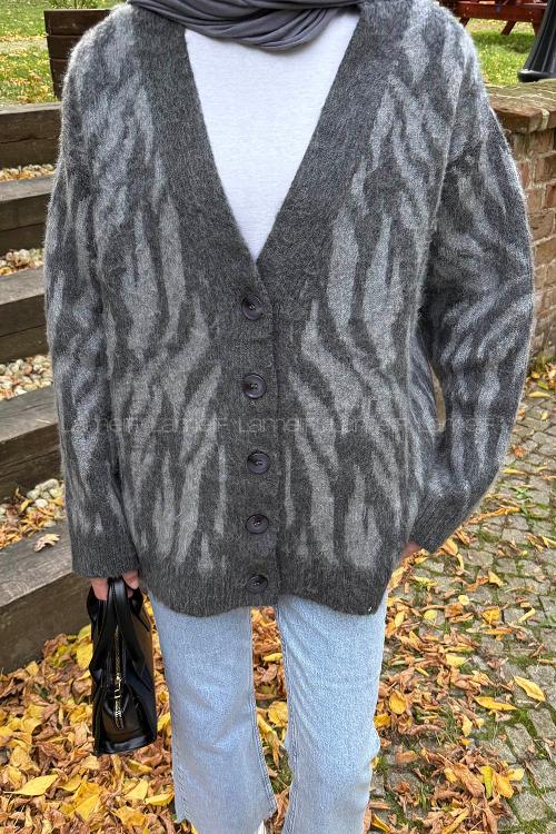 Lamelif Zebra Desen Hırka Gri