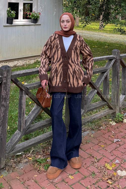 Lamelif Zebra Desen Hırka Kahverengi