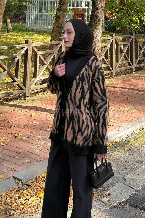 Lamelif Zebra Desen Hırka Siyah