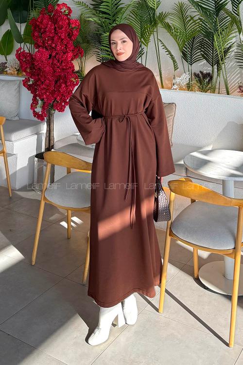 Lamelif Bağlama Detaylı Robalı Elbise Acı Kahve