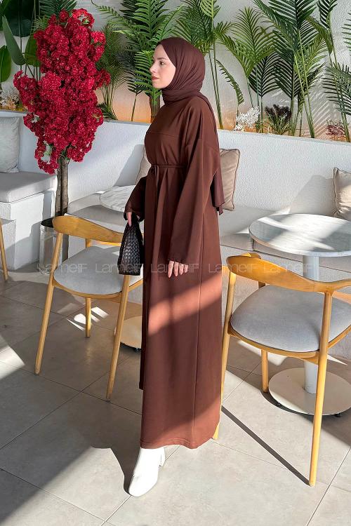 Lamelif Bağlama Detaylı Robalı Elbise Acı Kahve