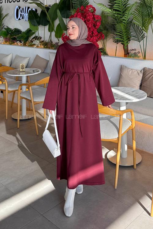 Lamelif Bağlama Detaylı Robalı Elbise Bordo