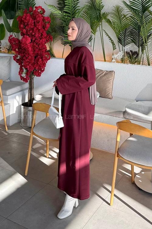 Lamelif Bağlama Detaylı Robalı Elbise Bordo