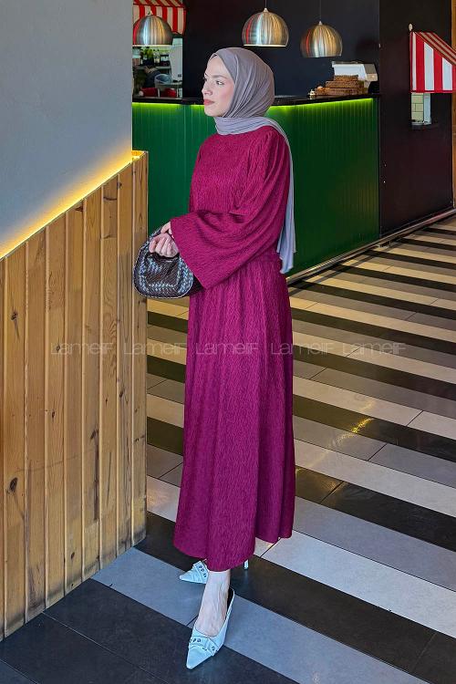Lamelif Balon Kol Krinkıl Etek Tesettür Takım Bordo