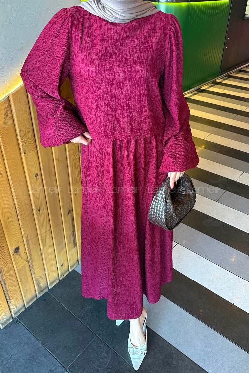 Lamelif Balon Kol Krinkıl Etek Tesettür Takım Bordo