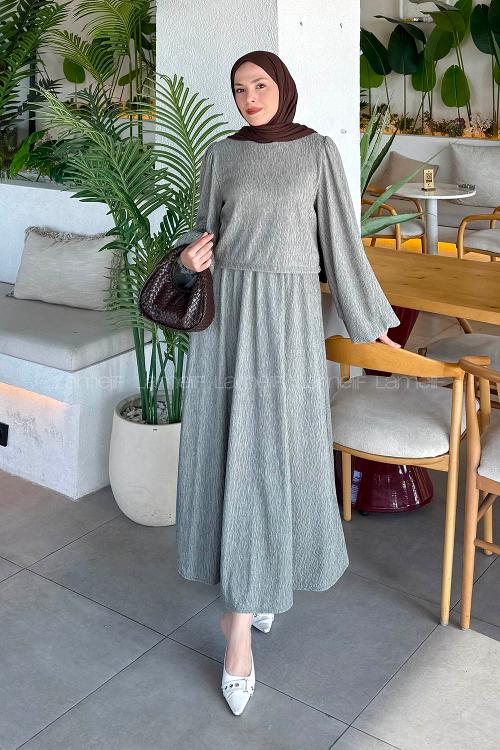 Lamelif Balon Kol Krinkıl Etek Tesettür Takım Haki