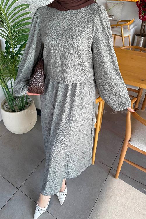 Lamelif Balon Kol Krinkıl Etek Tesettür Takım Haki