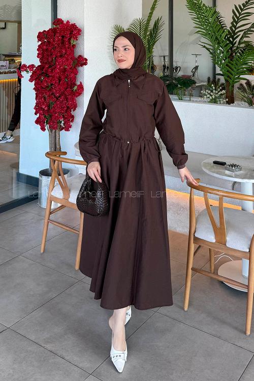 Lamelif Cep Detaylı Etekli İkili Takım Acı Kahve