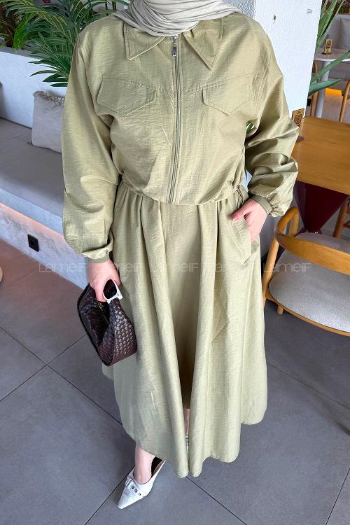 Lamelif Cep Detaylı Etekli İkili Takım Çağla Yeşili