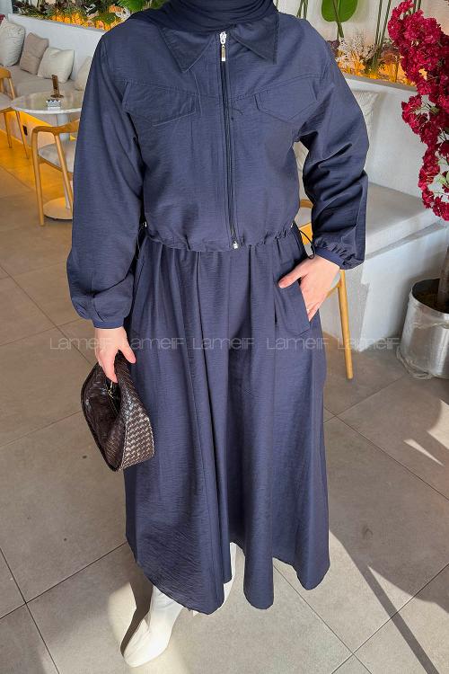 Lamelif Cep Detaylı Etekli İkili Takım Lacivert