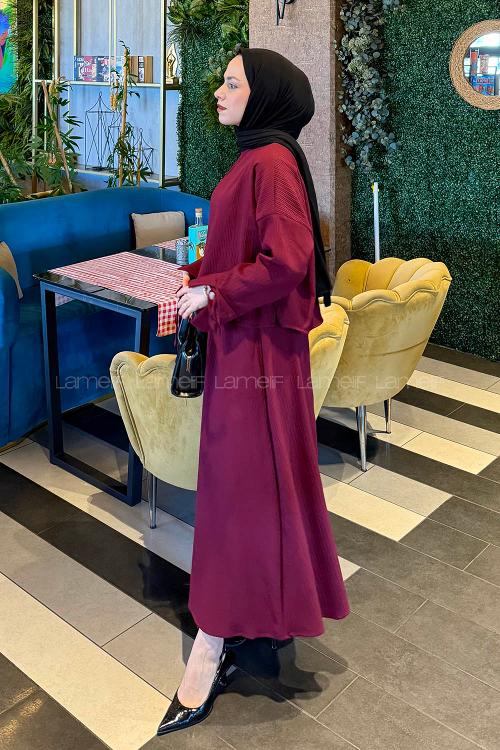 Lamelif Takma Manşet Biye Detaylı İkili Takım Bordo