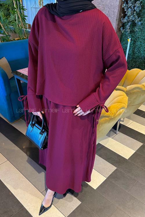 Lamelif Takma Manşet Biye Detaylı İkili Takım Bordo