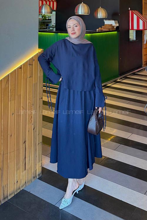 Lamelif Takma Manşet Biye Detaylı İkili Takım Lacivert