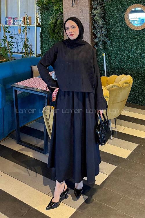 Lamelif Takma Manşet Biye Detaylı İkili Takım Siyah