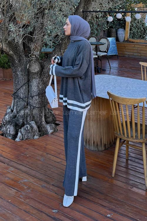 Lamelif Çizgili Pantolon Triko Tesettür Takım Antrasit