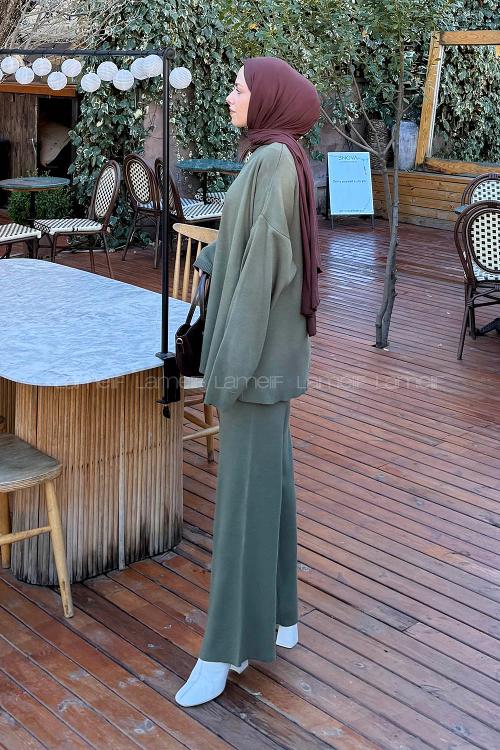 Lamelif Düz İkili Triko Tesettür Takım Koyu Haki