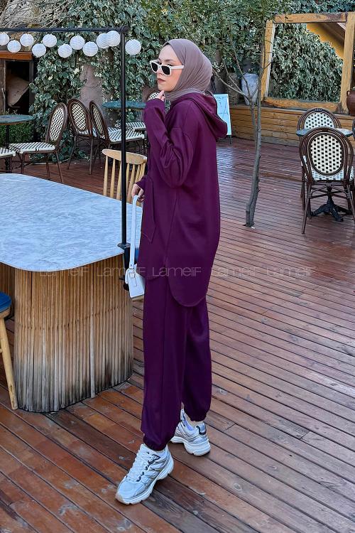 Lamelif Kapüşonlu Kanguru Cep İkili Takım Bordo