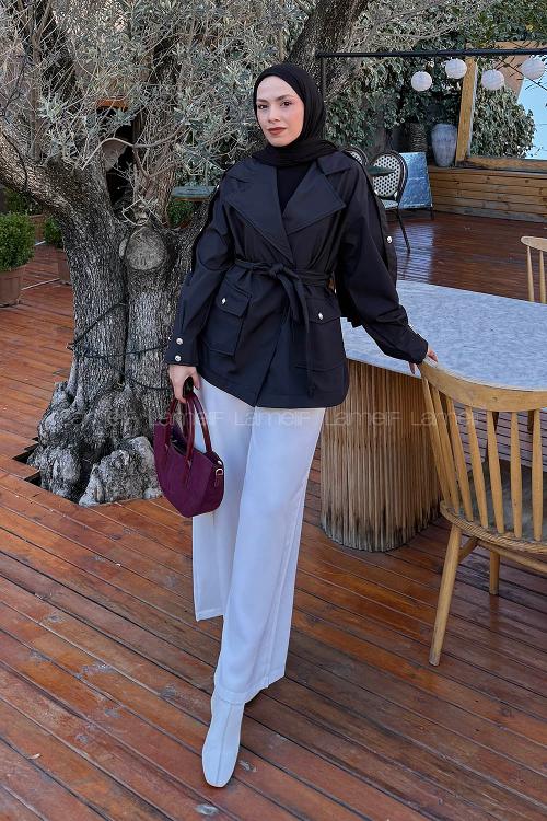 Lamelif Omuz Apoletli Kısa Trençkot Siyah