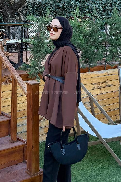 Lamelif Puf Scuba Kimono Acı Kahve