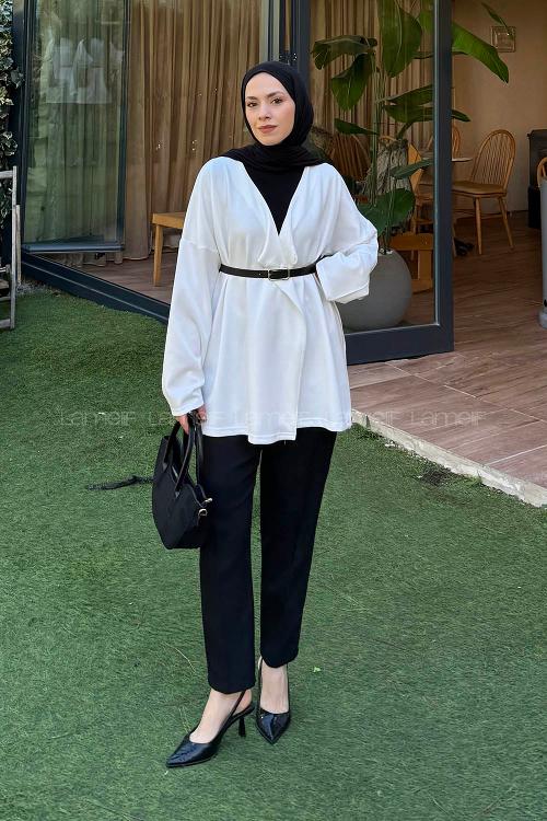 Lamelif Puf Scuba Kimono Beyaz