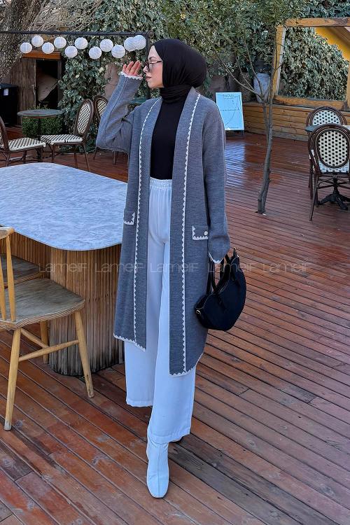 Gray V Neck Long Arm Acrylic Cardigan