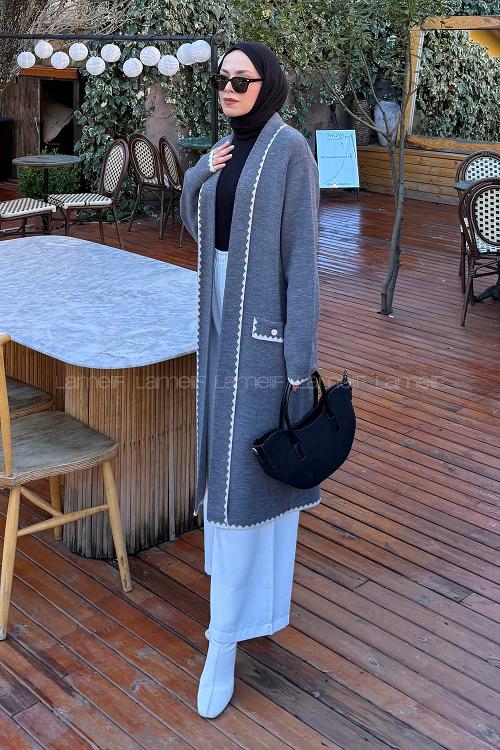 Gray V Neck Long Arm Acrylic Cardigan
