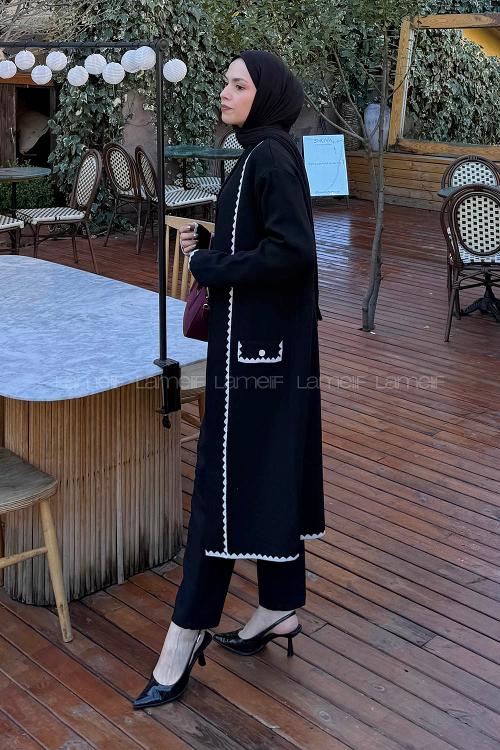 Black V Neck Long Arm Acrylic Cardigan