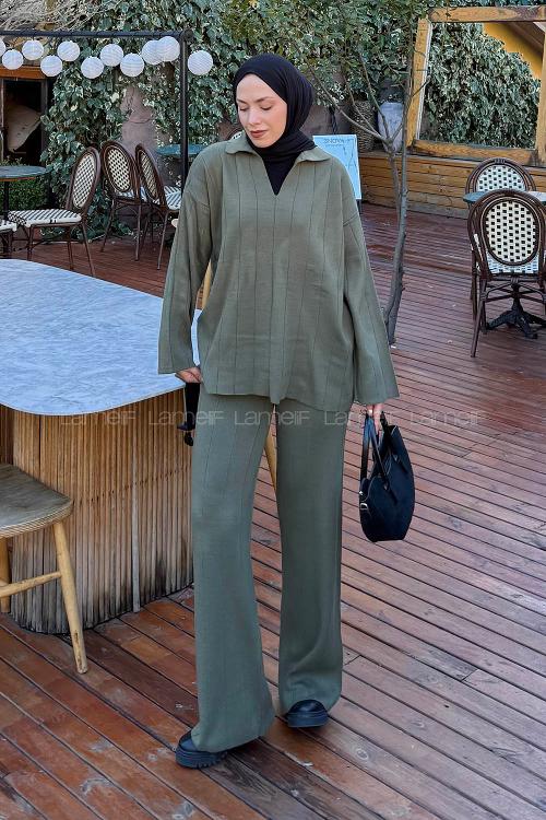 Lamelif Yaka Detay İkili Tesettür Takım Haki