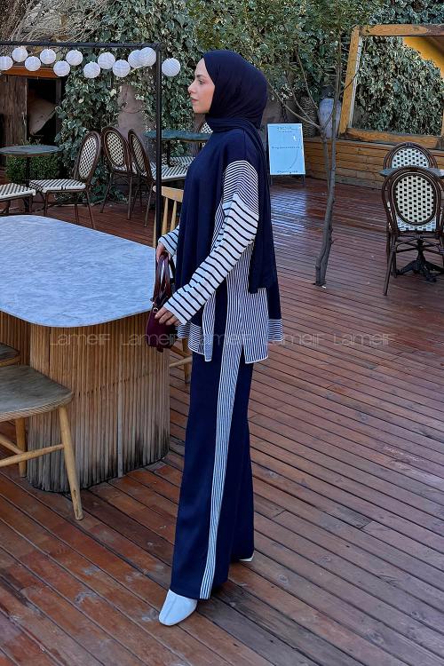 Lamelif Yan Çizgili Panço Tesettür Takım Lacivert