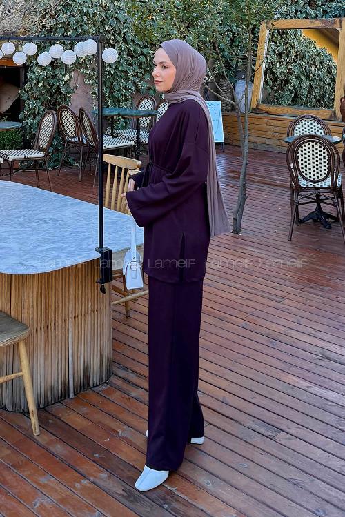 Plum Crew Neck Long Arm Cotton Regular Trousers Comfortable Suit