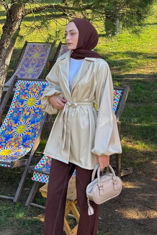 Lamelif Bağlama Detaylı Deri Mont Krem