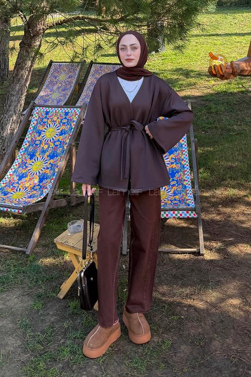 Bitter Brown Long Arm Cotton Polyester Kimono