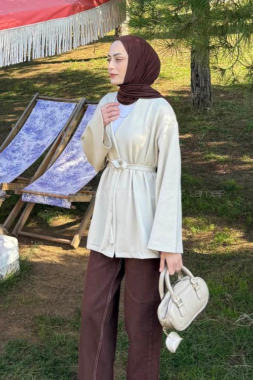 Lamelif Bağlama Detaylı Kimono Bej